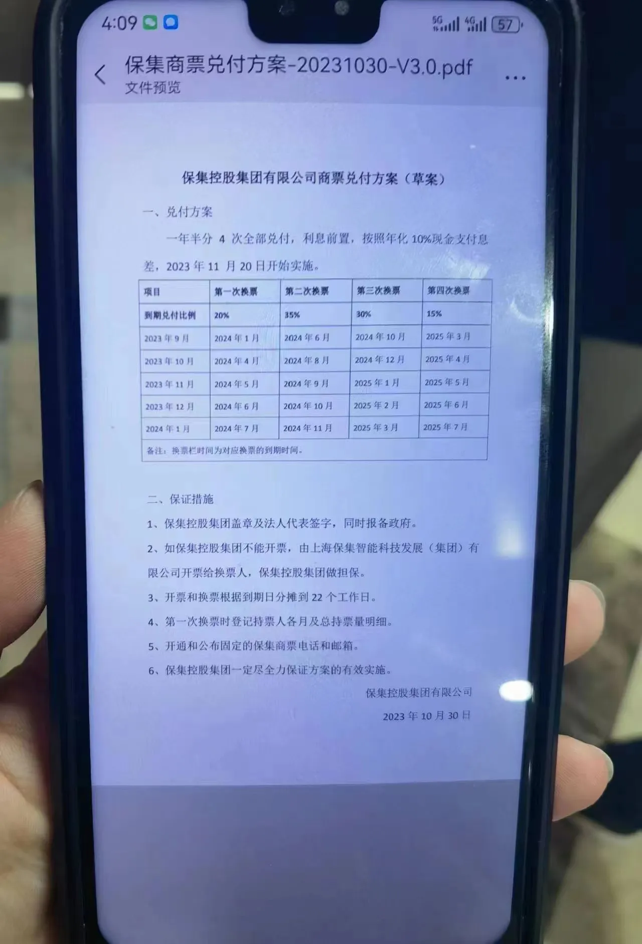 保集控股集团商票逾期 兑付解决议案-2023-10-30