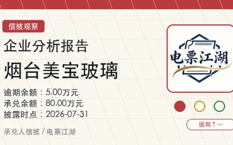 【承兑逾期】烟台美宝玻璃2026年07月逾期余额50,000元，较上期由0新增，承兑余额800,000元，环比上升59.59%